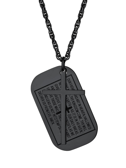 Stylish Black Cross Dog Tag Necklace for Men - Inspirational Stainless Steel Pendant Chain Gift for Father, Son or Loved One