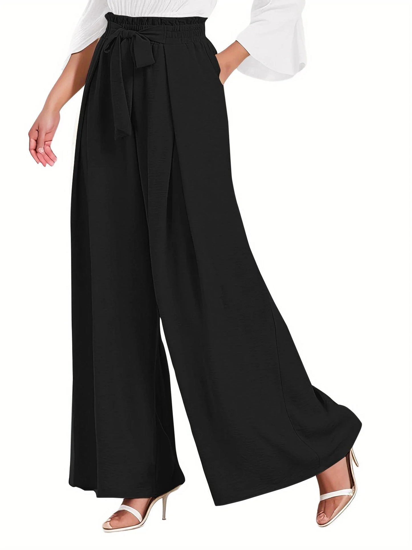 Elegant High-Waisted Wide Leg Lounge Pants for Women with Pockets - Adjustable Tie Knot Casual Trousers