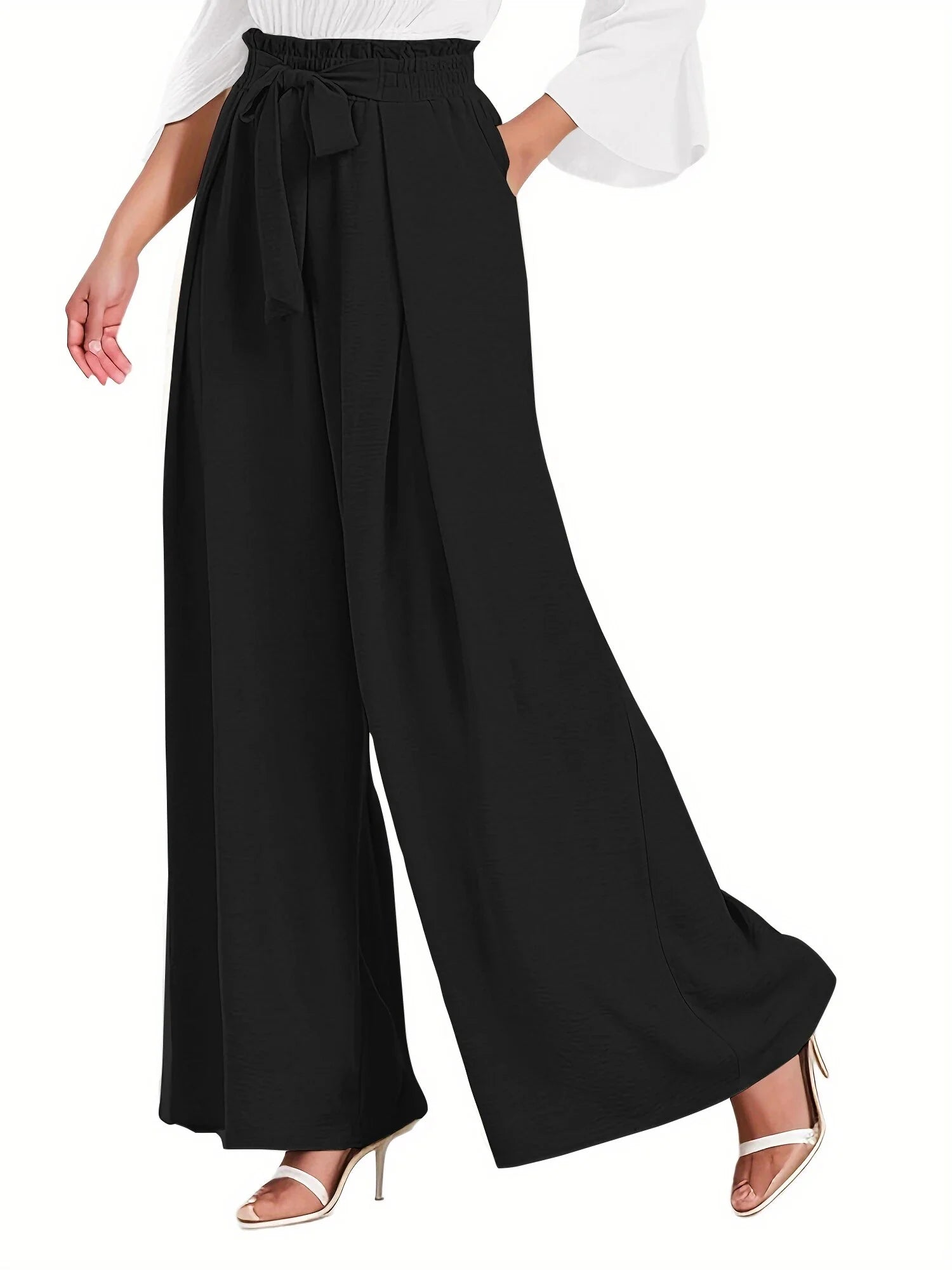 Elegant High-Waisted Wide Leg Lounge Pants for Women with Pockets - Adjustable Tie Knot Casual Trousers