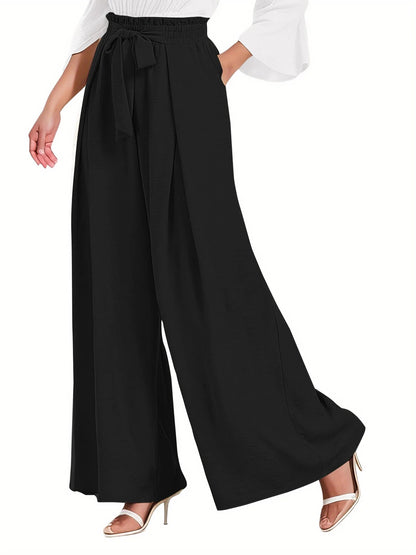Elegant High-Waisted Wide Leg Lounge Pants for Women with Pockets - Adjustable Tie Knot Casual Trousers