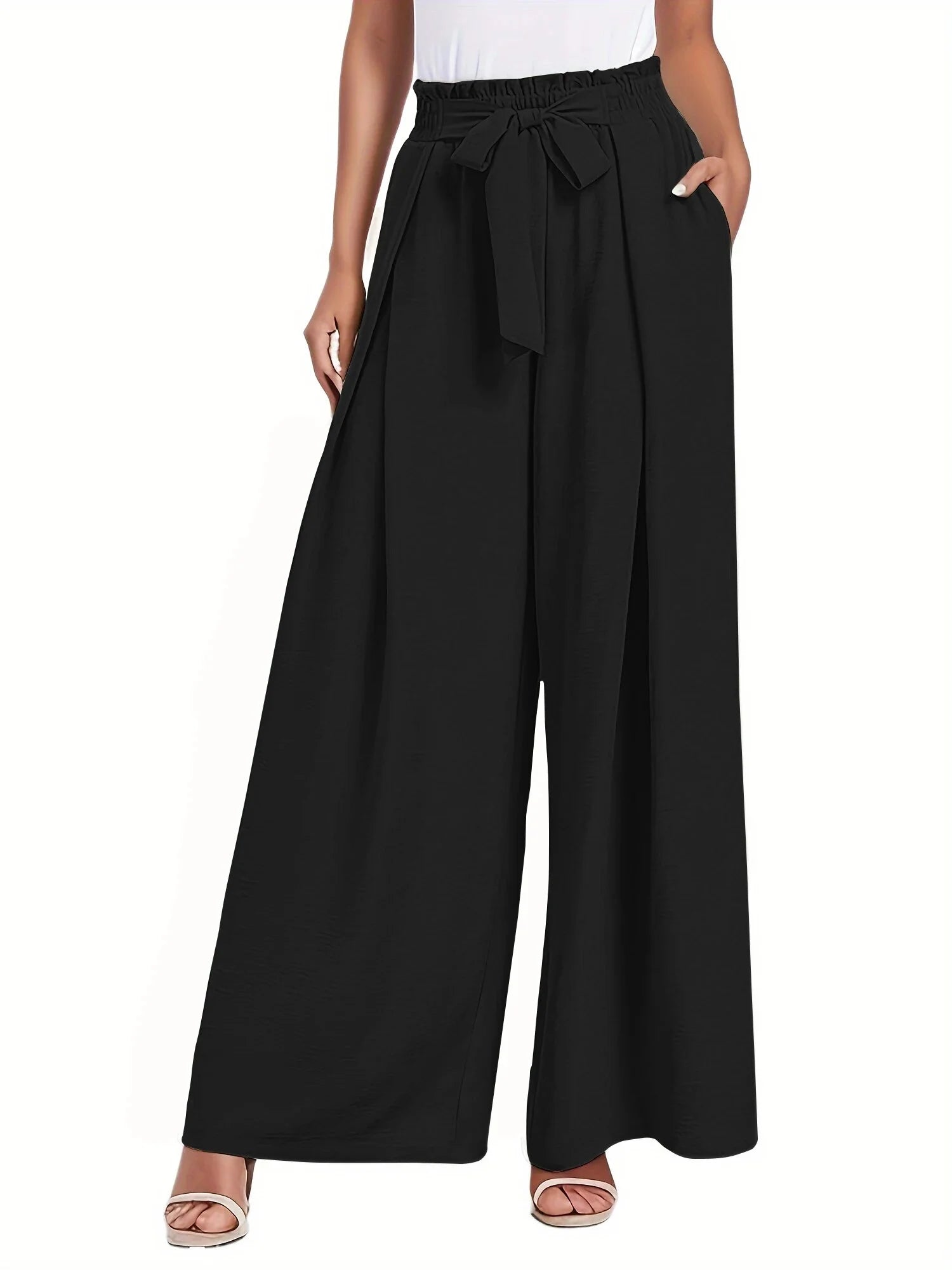 Elegant High-Waisted Wide Leg Lounge Pants for Women with Pockets - Adjustable Tie Knot Casual Trousers
