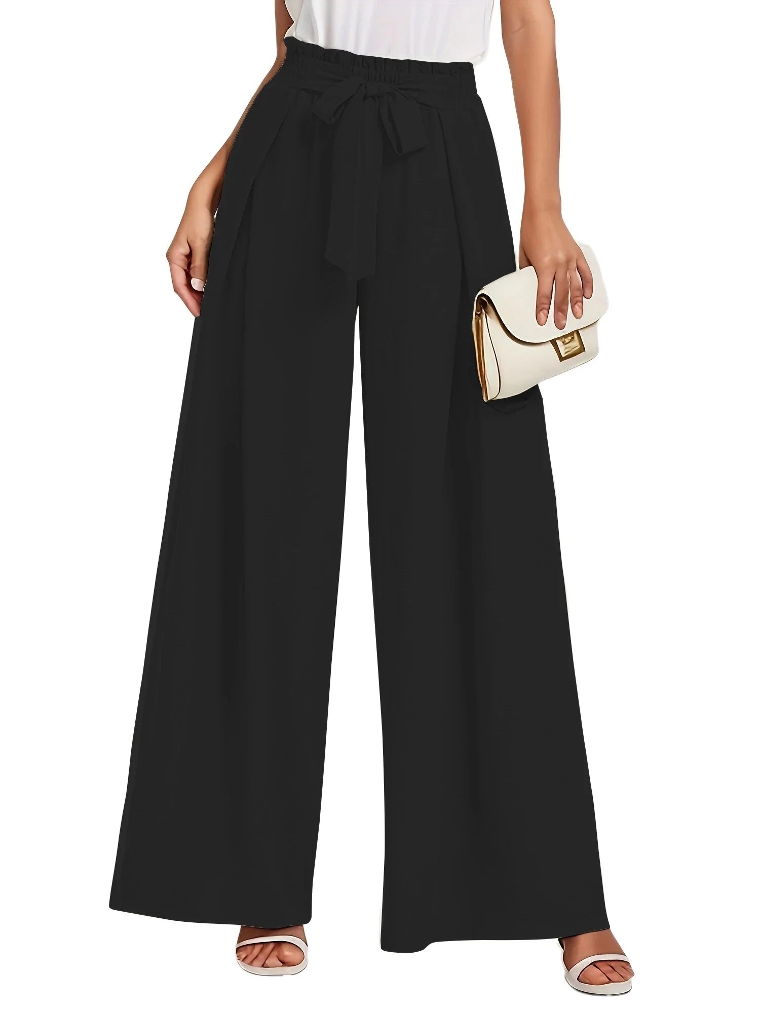 Elegant High-Waisted Wide Leg Lounge Pants for Women with Pockets - Adjustable Tie Knot Casual Trousers